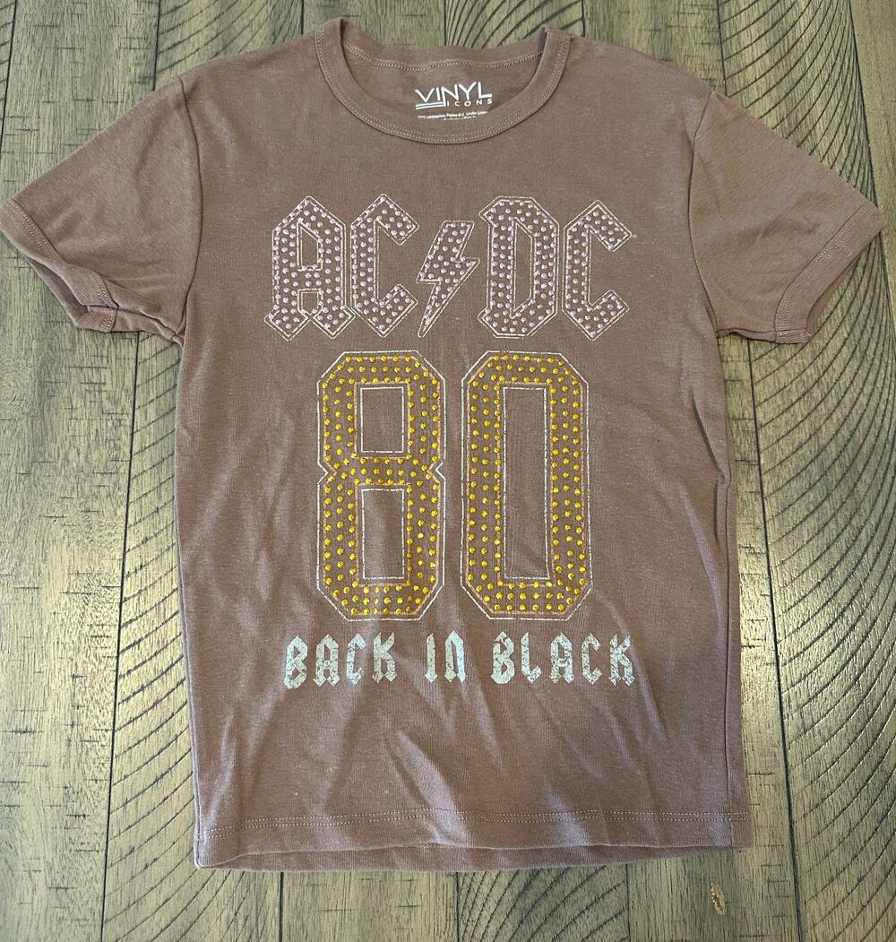 AC/DC Back In Black Rhinestone Studded Graphic T-Shirt Brown Women's Size Small
